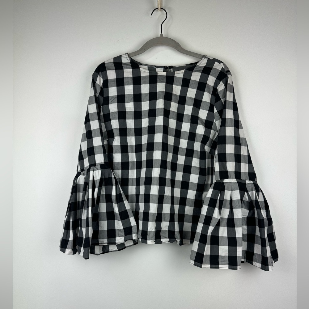 Sunday in Brooklyn Black White Gingham Bell Sleeve Blouse Top Large‎ 12484A